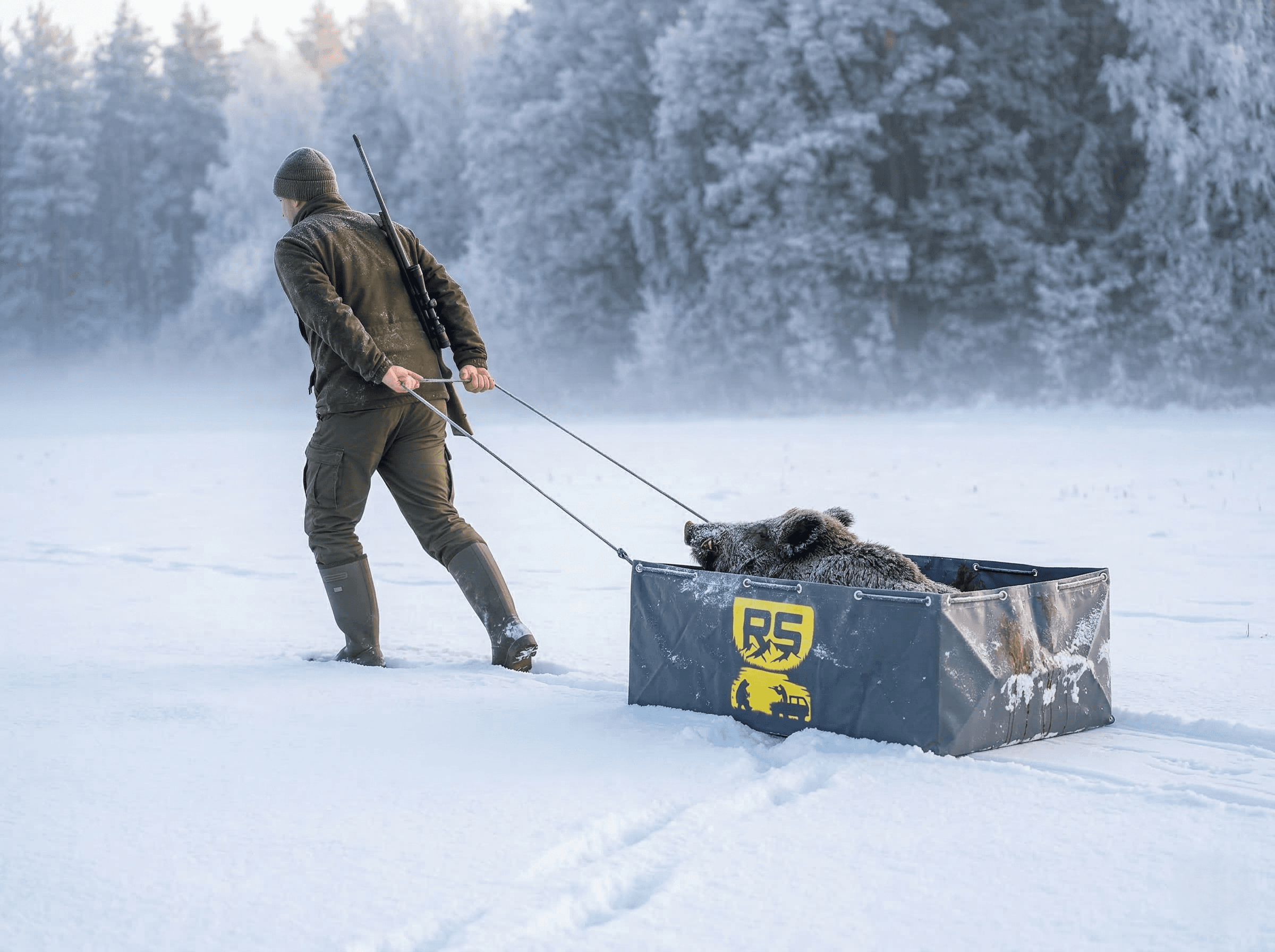 Охотник тянет сумку RS HUNT по снегу
