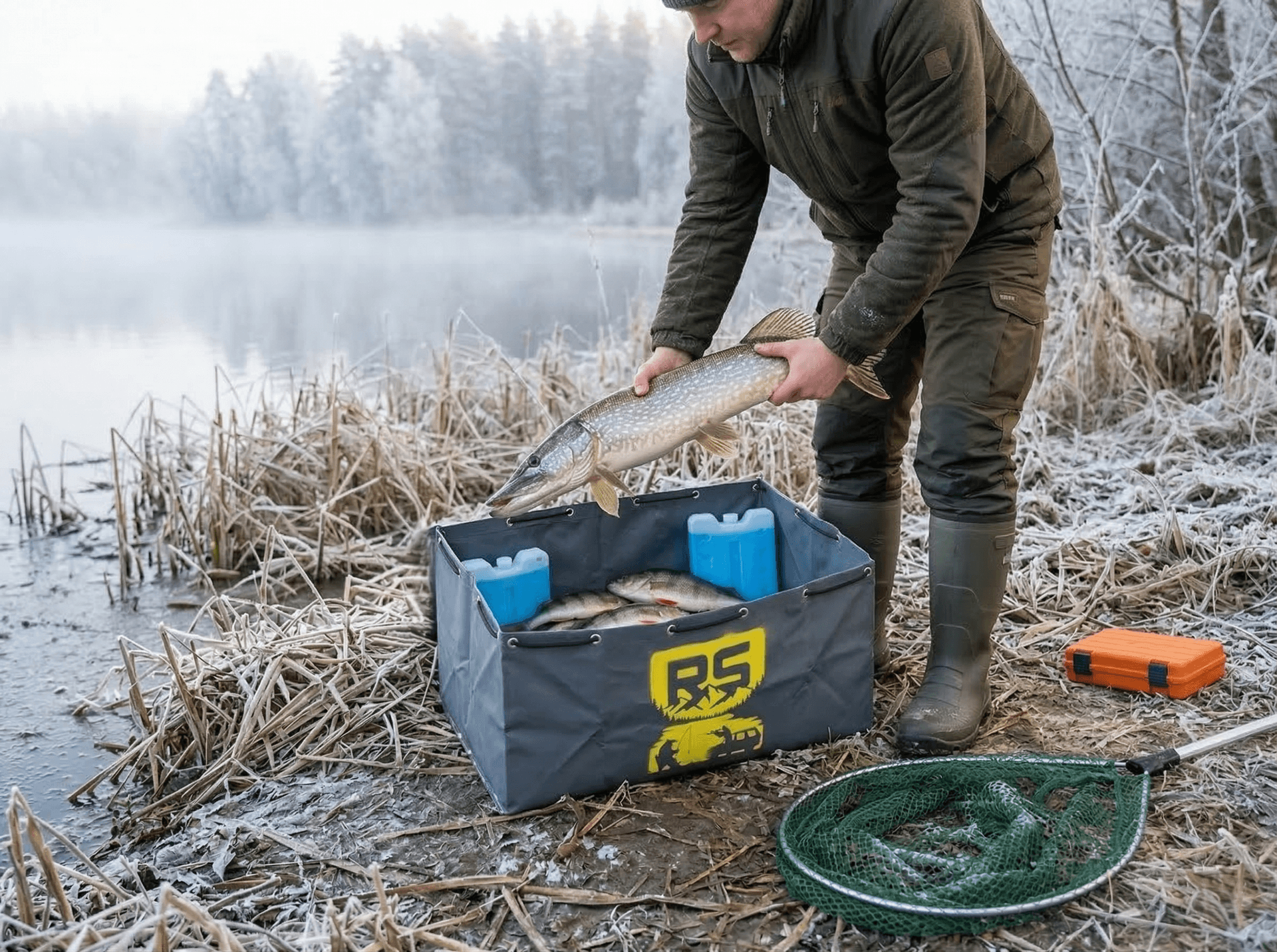 Рыбак складывает улов в сумку RS HUNT на берегу